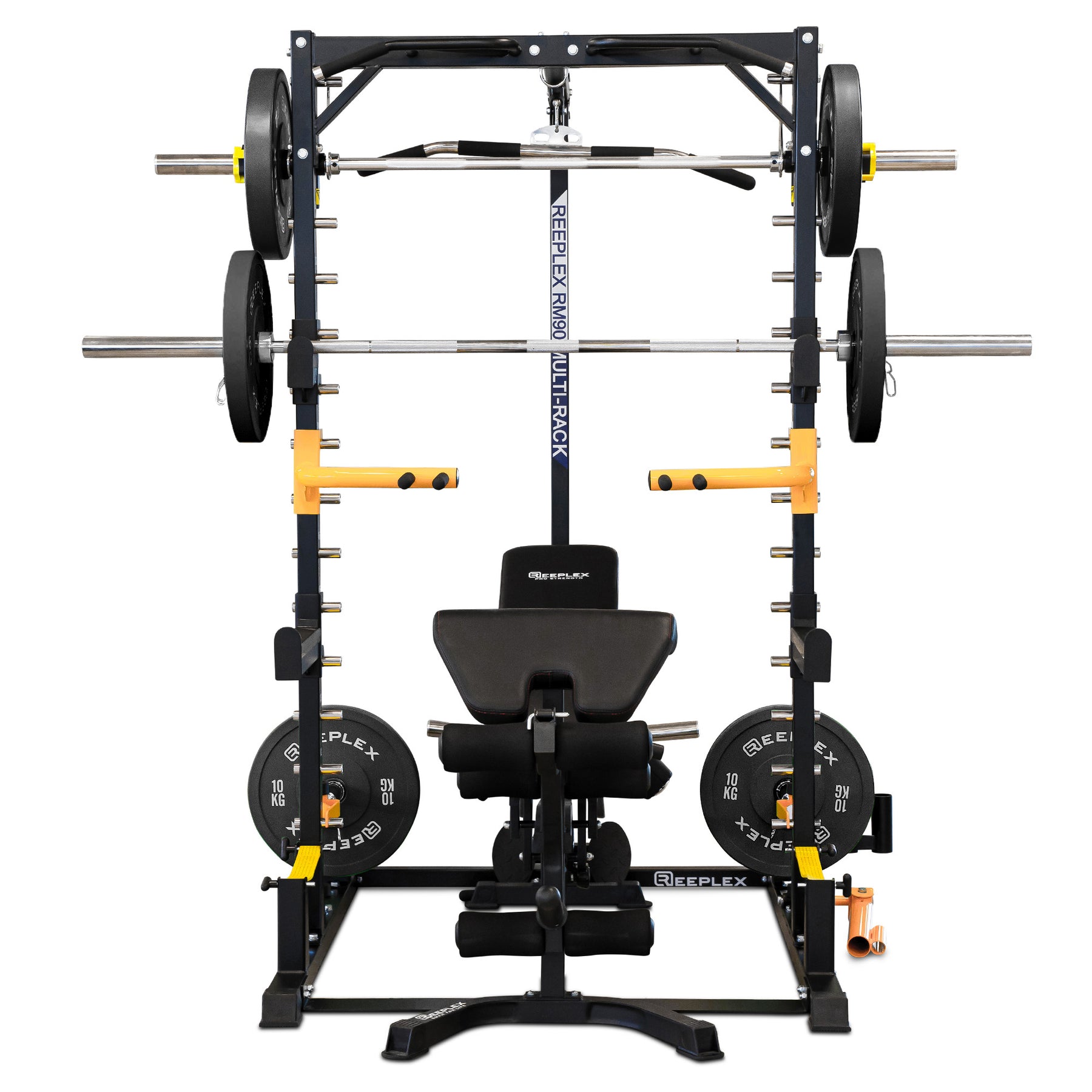 Reeplex RM90 Squat Rack with Smith Machine and Lat Pulldown + Adjustable Bench + 100kg Black Bumper Weight Set