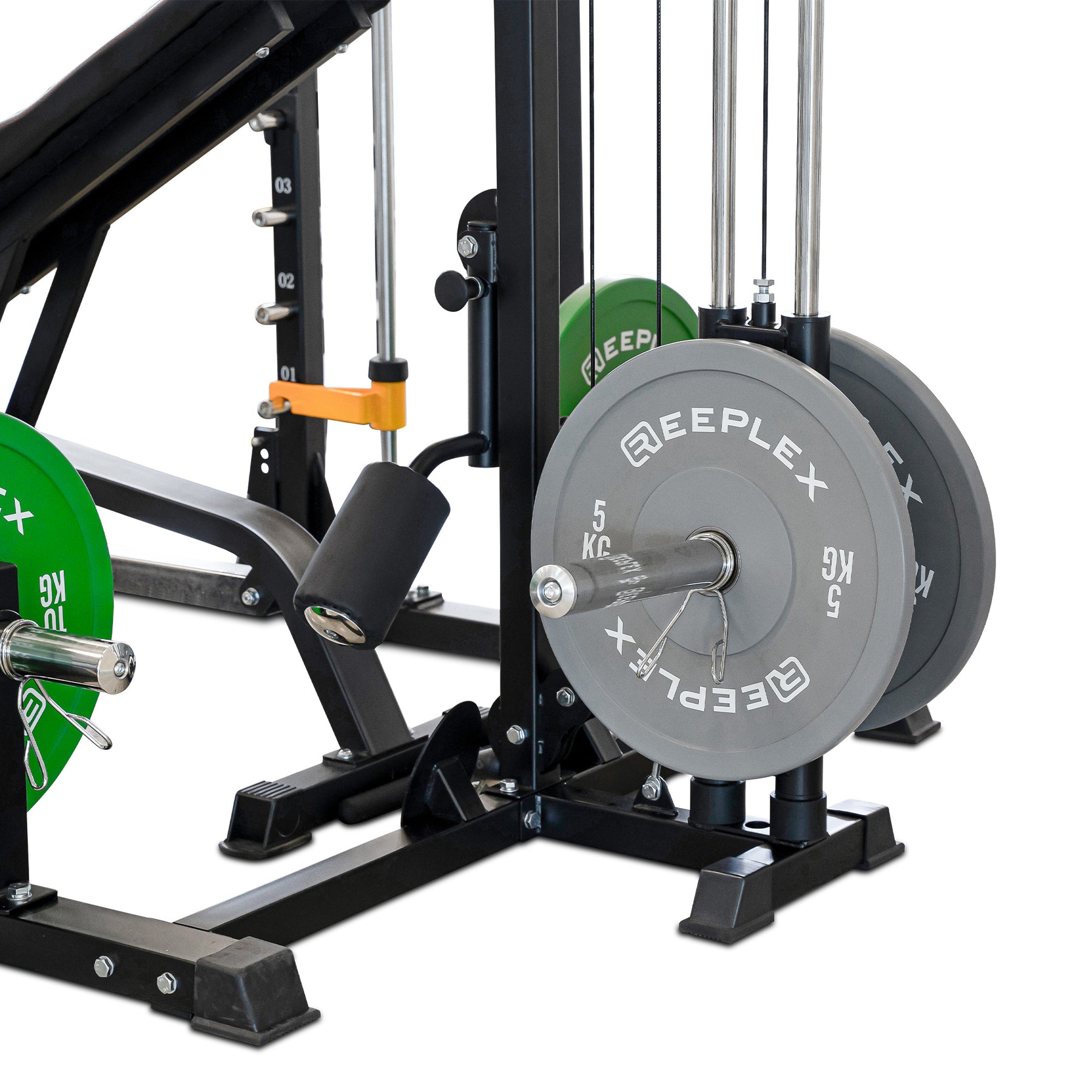 Reeplex RM90 Squat Rack with Smith Machine and Lat Pulldown + Adjustable Bench + 100kg Coloured Bumper Weight Set