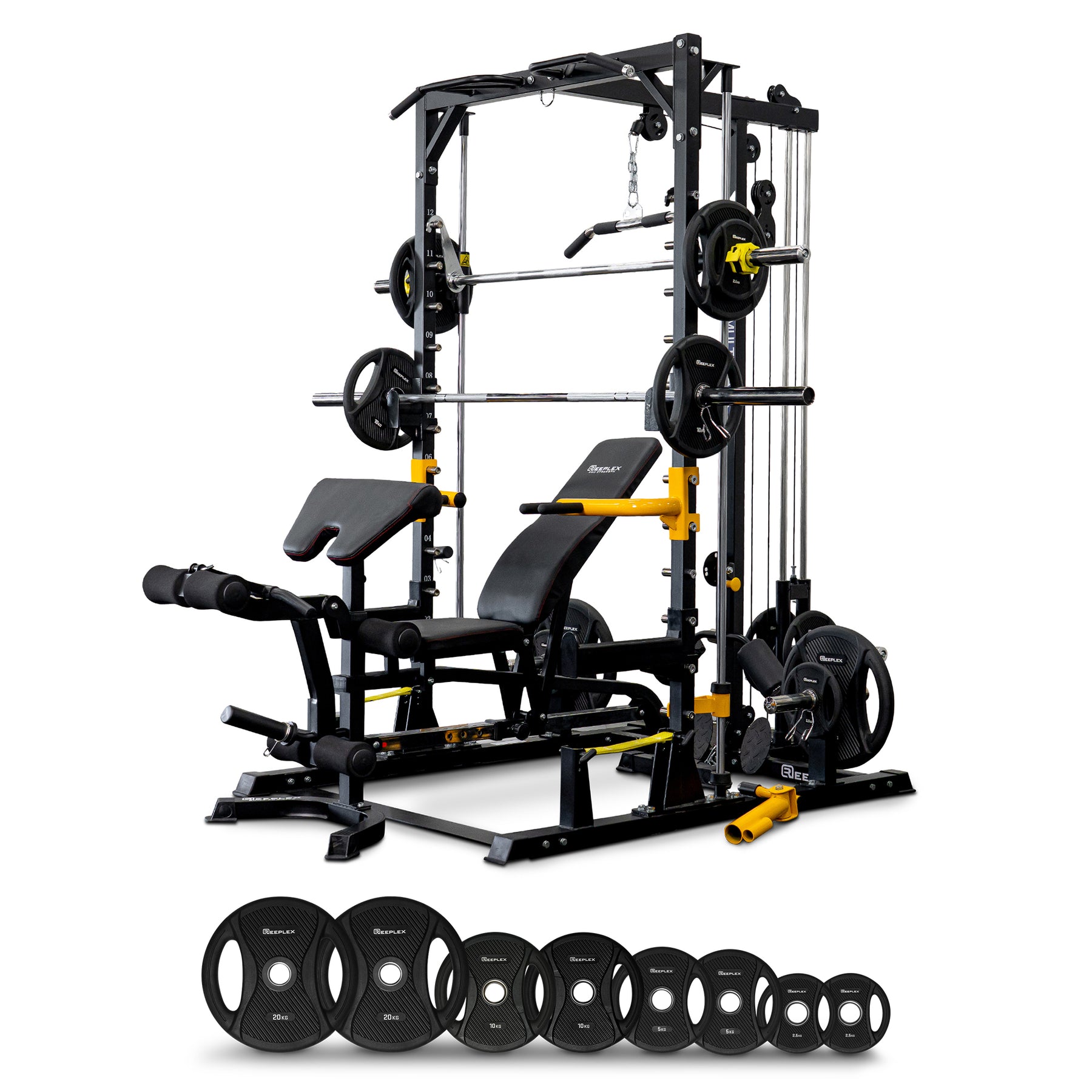 Reeplex RM90 Smith Machine + Squat Rack + Lat Pulldown Bench + 100kg PVC Olympic Weights