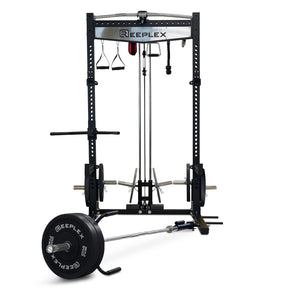 Reeplex RPR8 Squat Rack + Adjustable Bench + 100kg Black Bumper Weights + Barbell