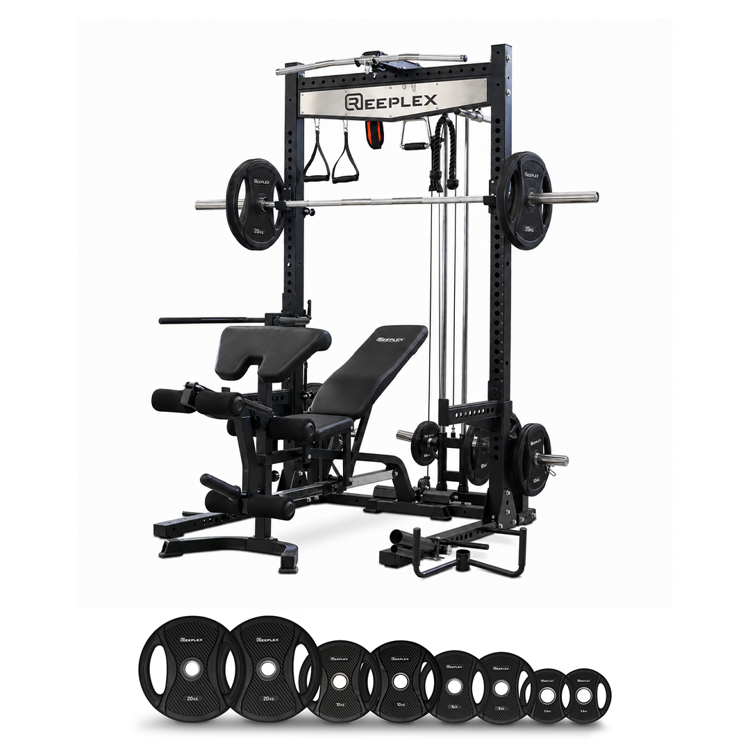 Reeplex RPR8 Squat Rack + Adjustable Bench + 120kg Olympic Barbell Weight Set