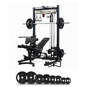 Reeplex RPR8 Squat Rack + Adjustable Bench + 120kg Olympic Barbell Weight Set