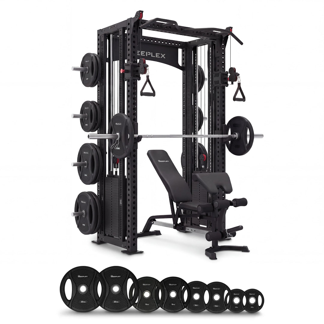 Reeplex Odin Functional Trainer + WB65 Bench + 100kg PVC Weight Plates + Olympic Barbell