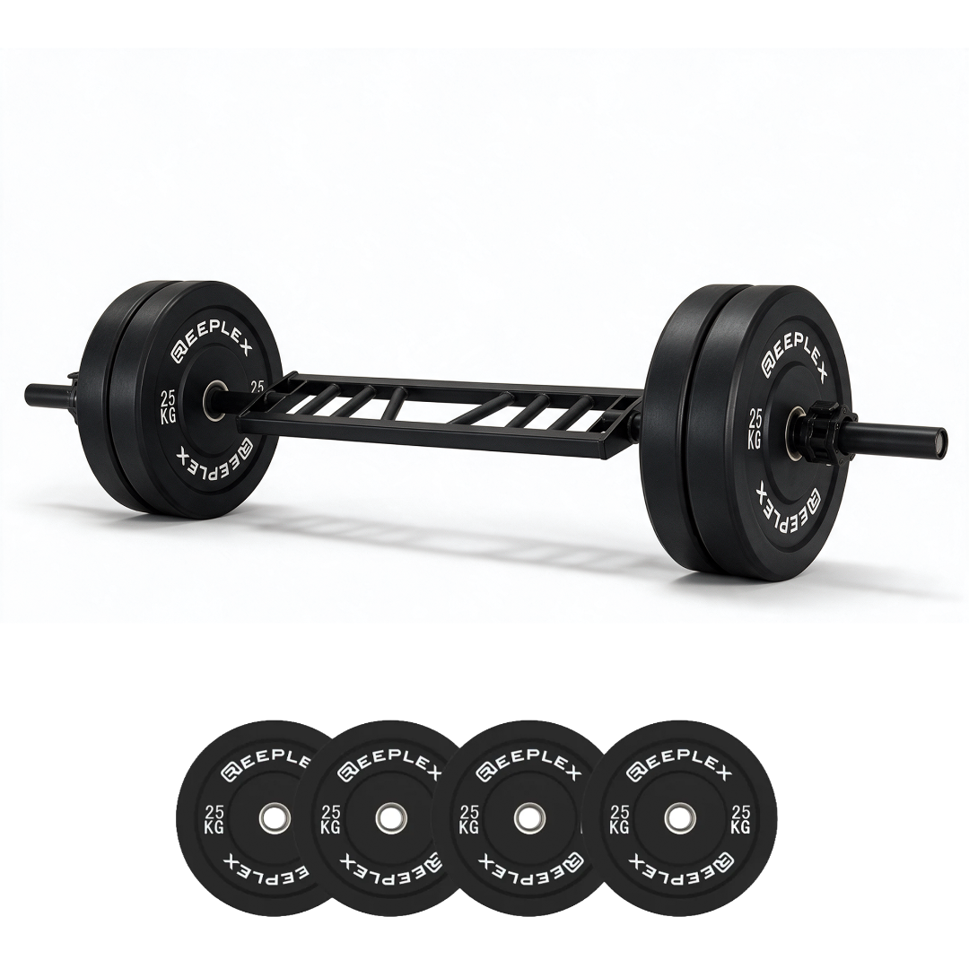 Reeplex Multi-Grip Bar + 100kg Black Bumper Plates Package
