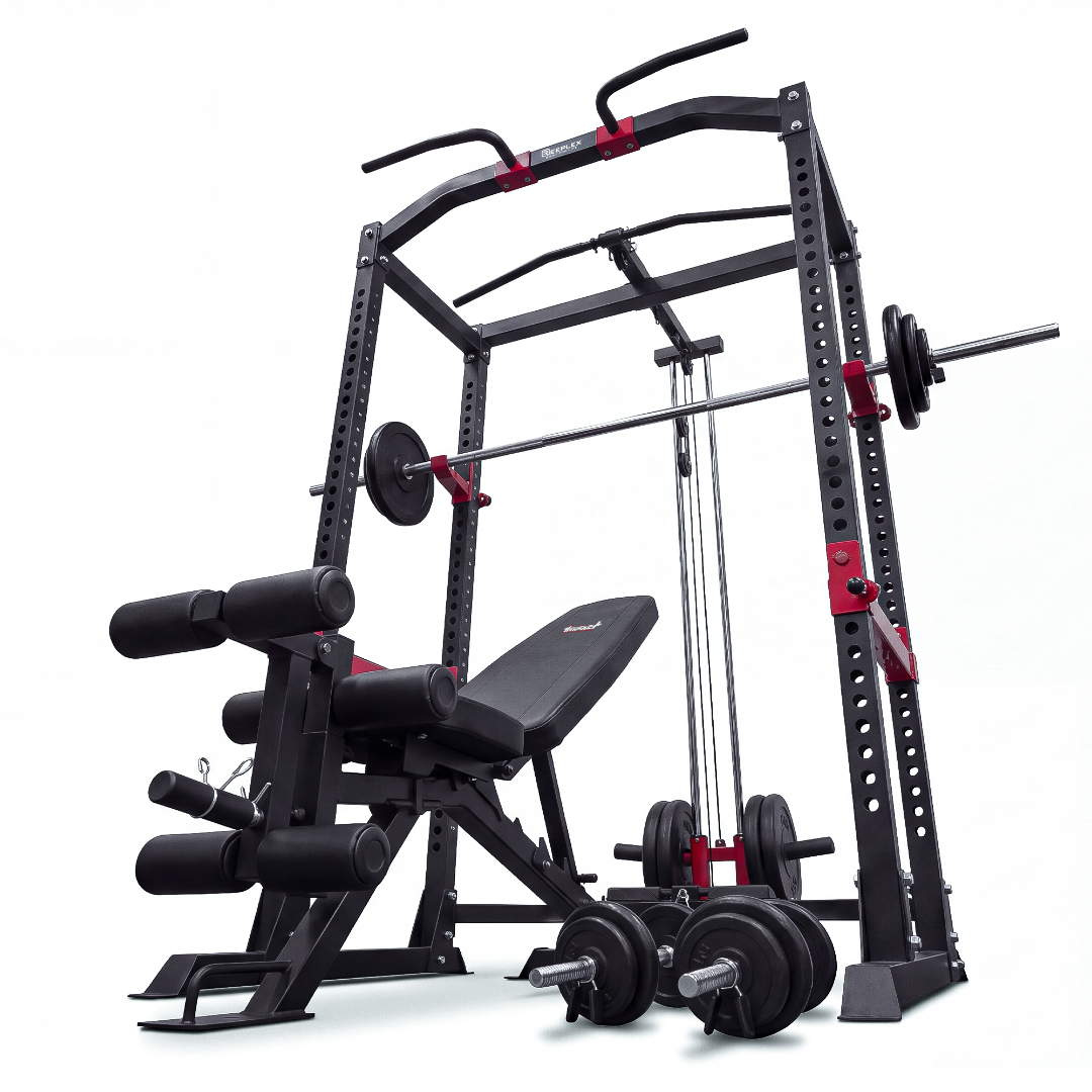 Reeplex Power Rack with Lat Pulldown + Adjustable Bench + 140kg Standard Weight Set
