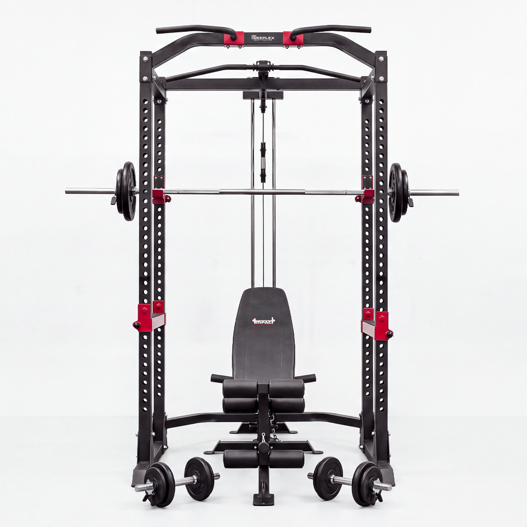 Reeplex Power Rack with Lat Pulldown + Adjustable Bench + 140kg Standard Weight Set