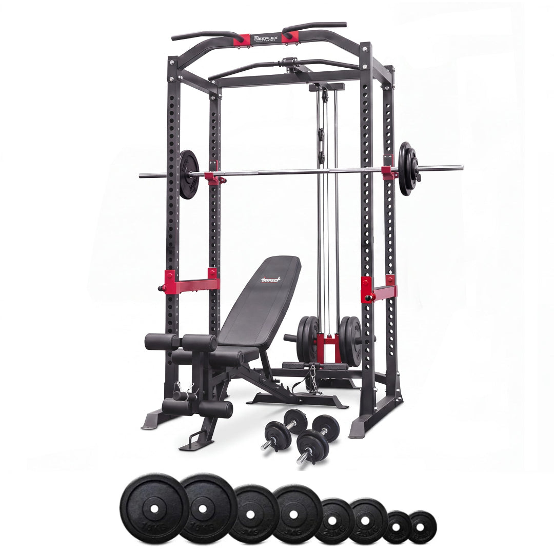 Reeplex Power Rack with Lat Pulldown + Adjustable Bench + 140kg Standard Weight Set