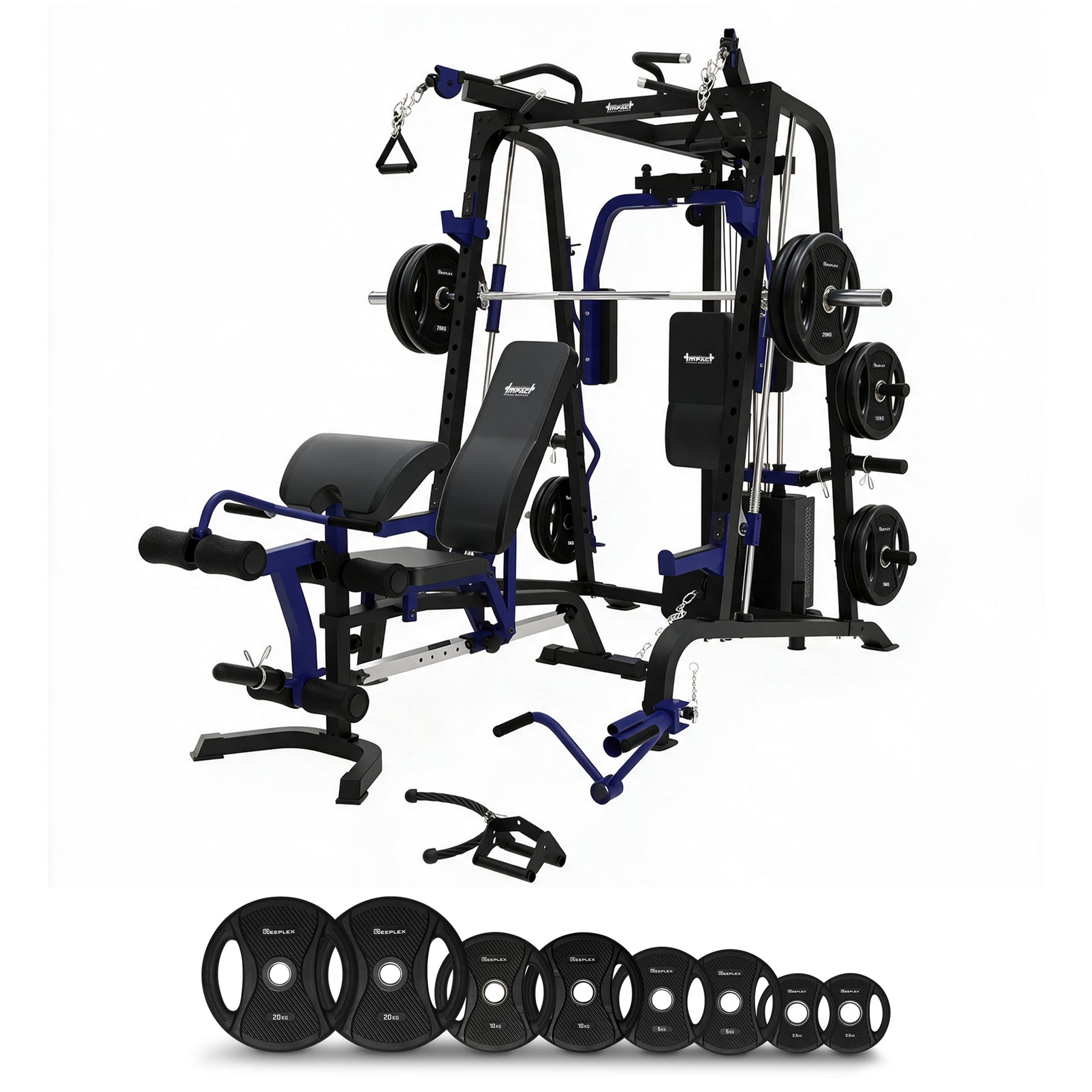 Multi-Station Gym with Smith Machine + Adjustable Bench + PVC Weight Plates & Olympic Barbell