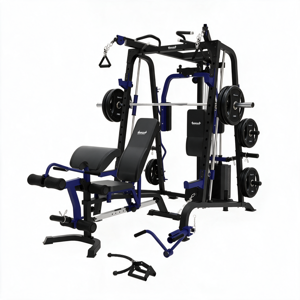 Multi-Station Gym with Smith Machine + Adjustable Bench + PVC Weight Plates & Olympic Barbell