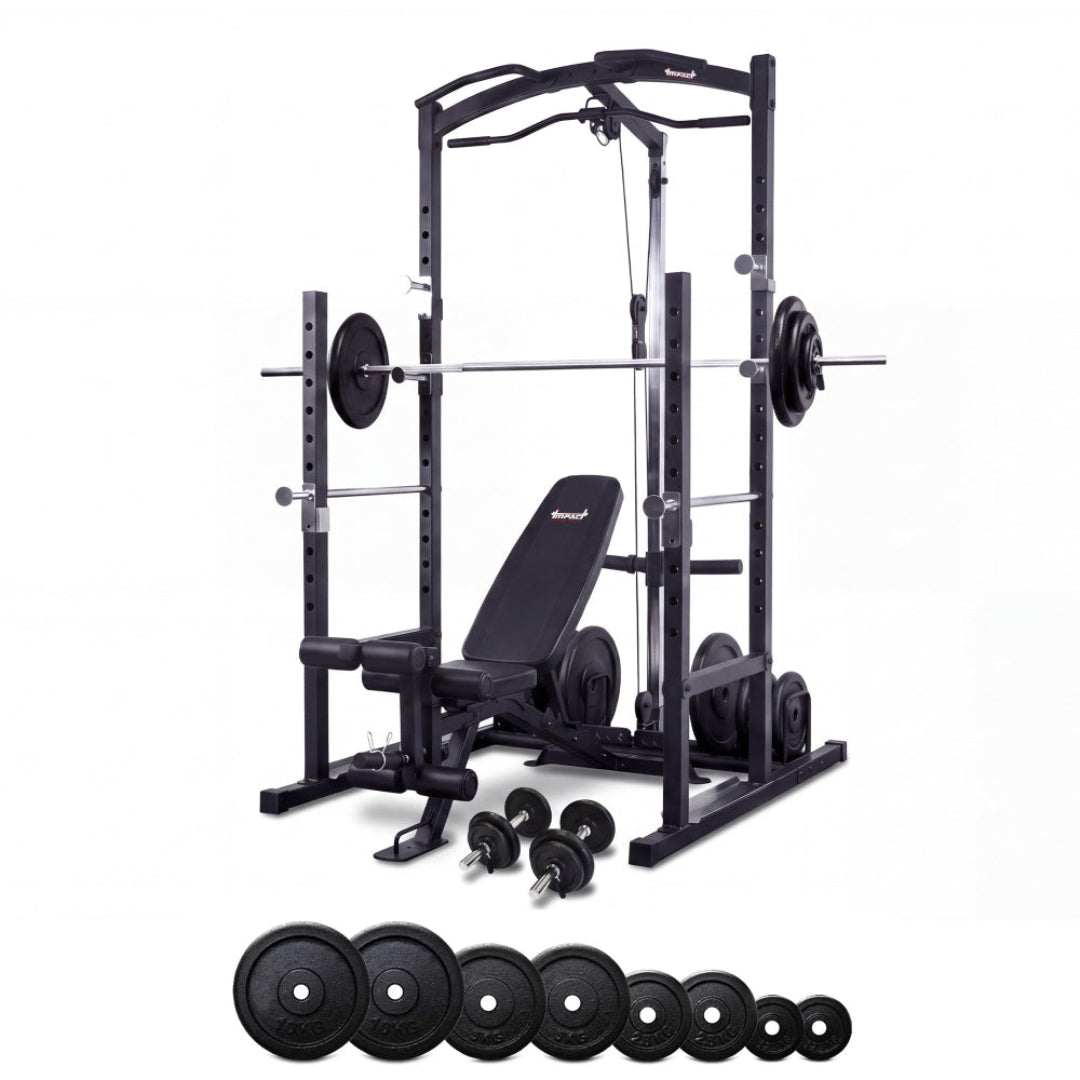 Squat Rack With Lat Pulldown + Adjustable Bench + 5-30kg Adjustable Dumbbells + 120kg Standard Weight Set