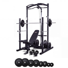 Squat Rack With Lat Pulldown + Adjustable Bench + 5-30kg Adjustable Dumbbells + 120kg Standard Weight Set