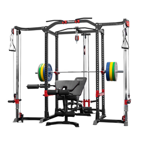 Reeplex Power Rack with Cable Crossover and Lat Pulldown + Bench + 120kg Coloured Bumper Set