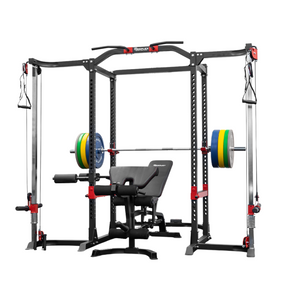 Reeplex Power Cage with Cable Crossover + Bench + 120kg Coloured Bumper Set