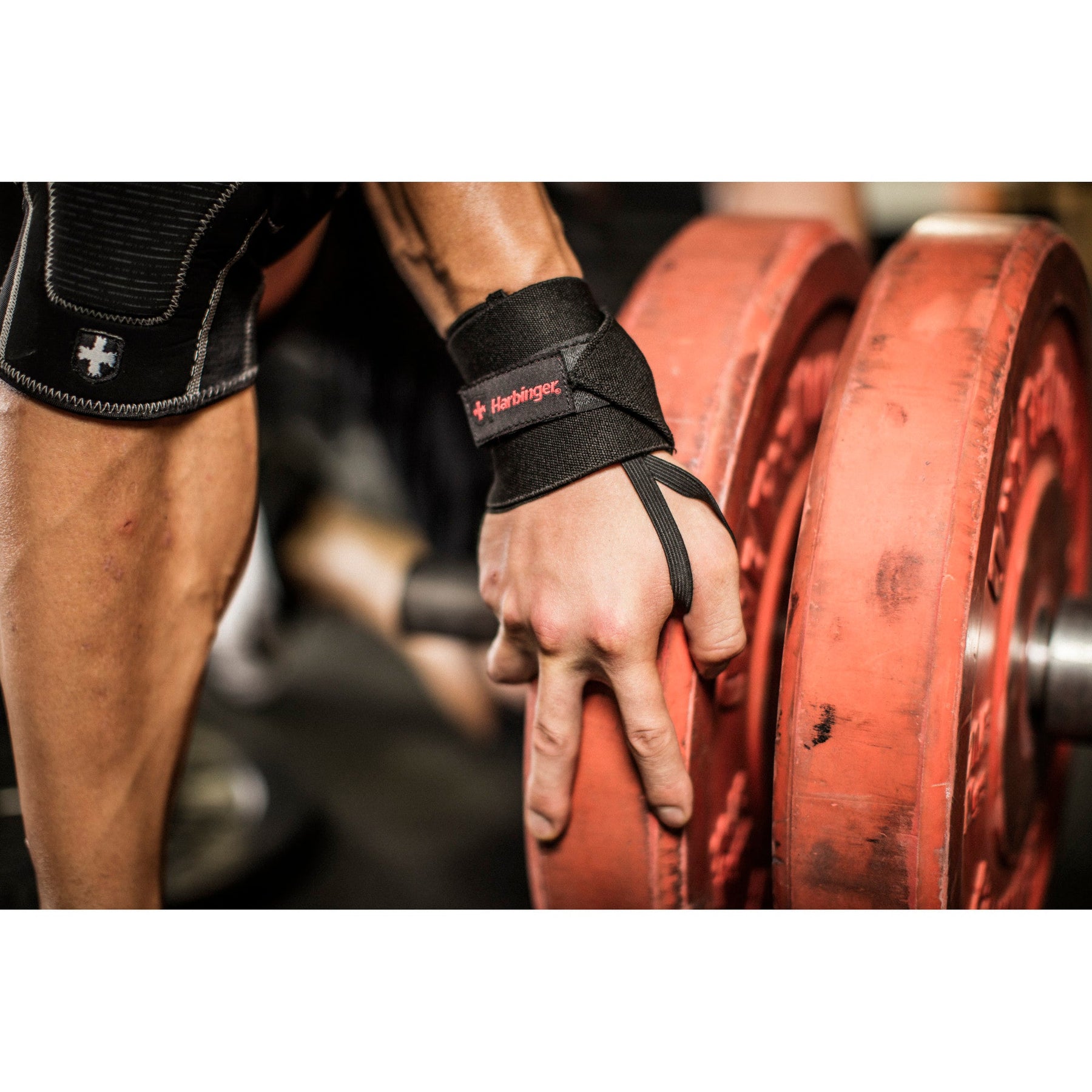 Harbinger Pro thumb loop wrist wraps in use in the gym