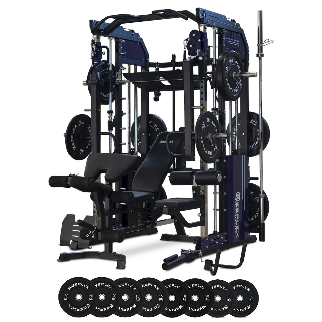 cx3 multi gym with bench barbell bumper weights