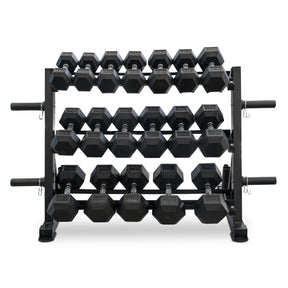 10-30kg Rubber Hex Dumbbells + 3 Tier Multi-Storage Rack