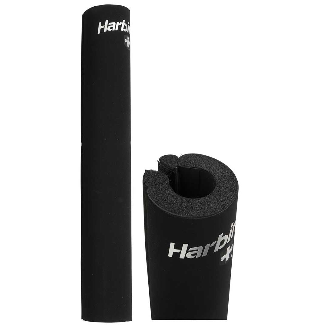 Harbinger standard 14 inch barbell pad in black, shown rolled and open