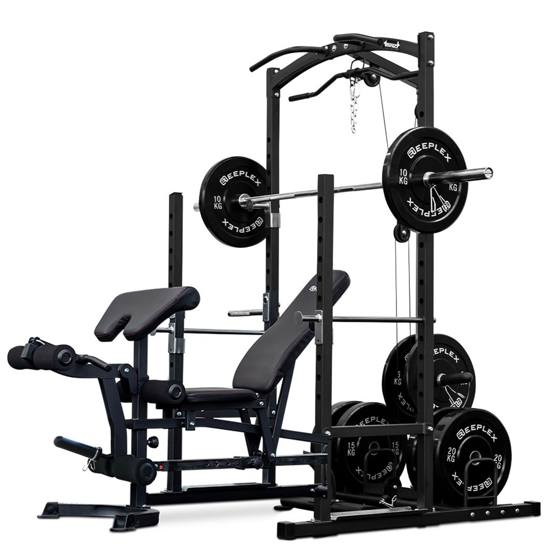 Squat Rack with Lat Pulldown + Adjustable Bench + 120kg Black Bumper Set