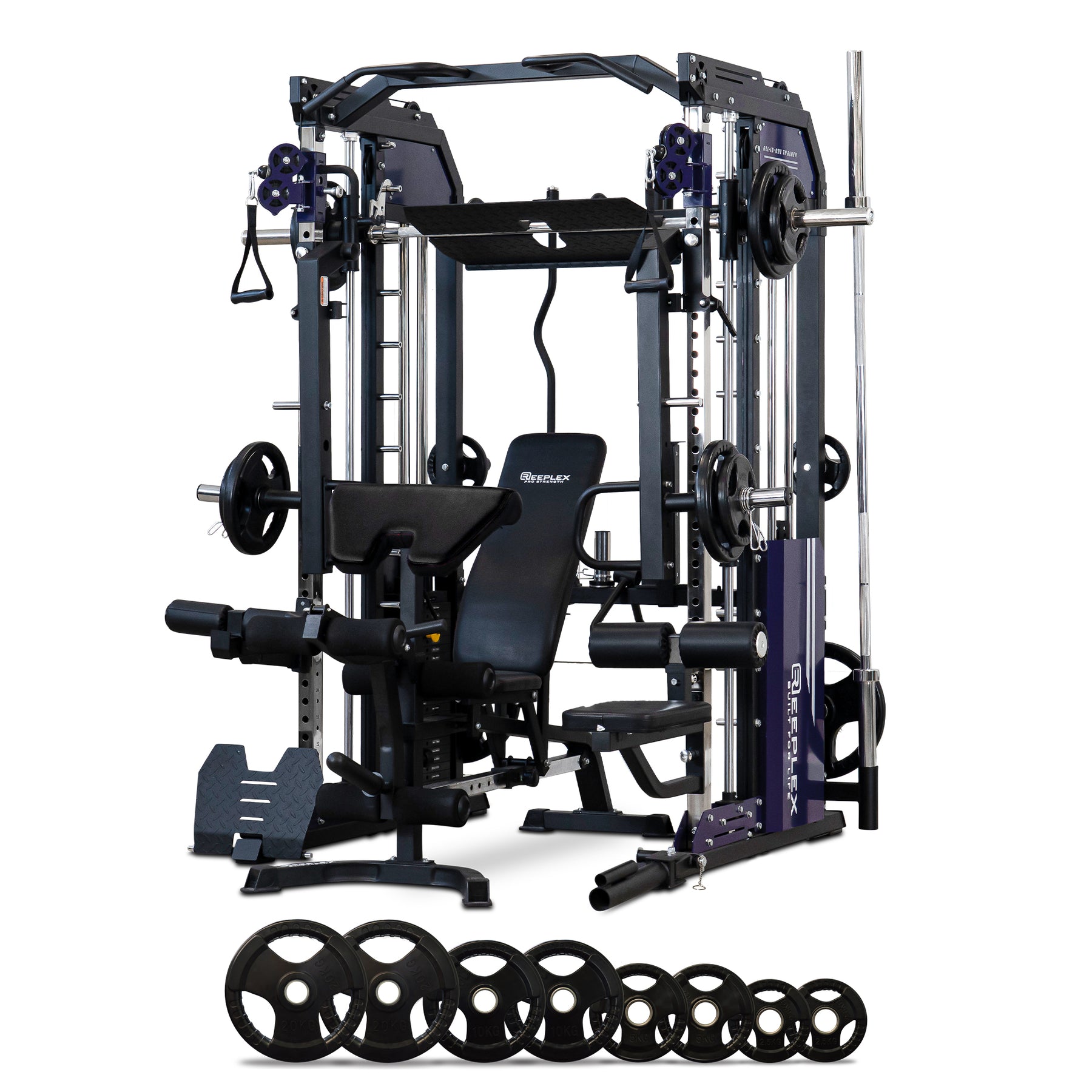 Reeplex Cx3 Multi Gym + Adjustable Bench + 100kg Weight Plates + Barbell + Leg Press + Jammer Arms