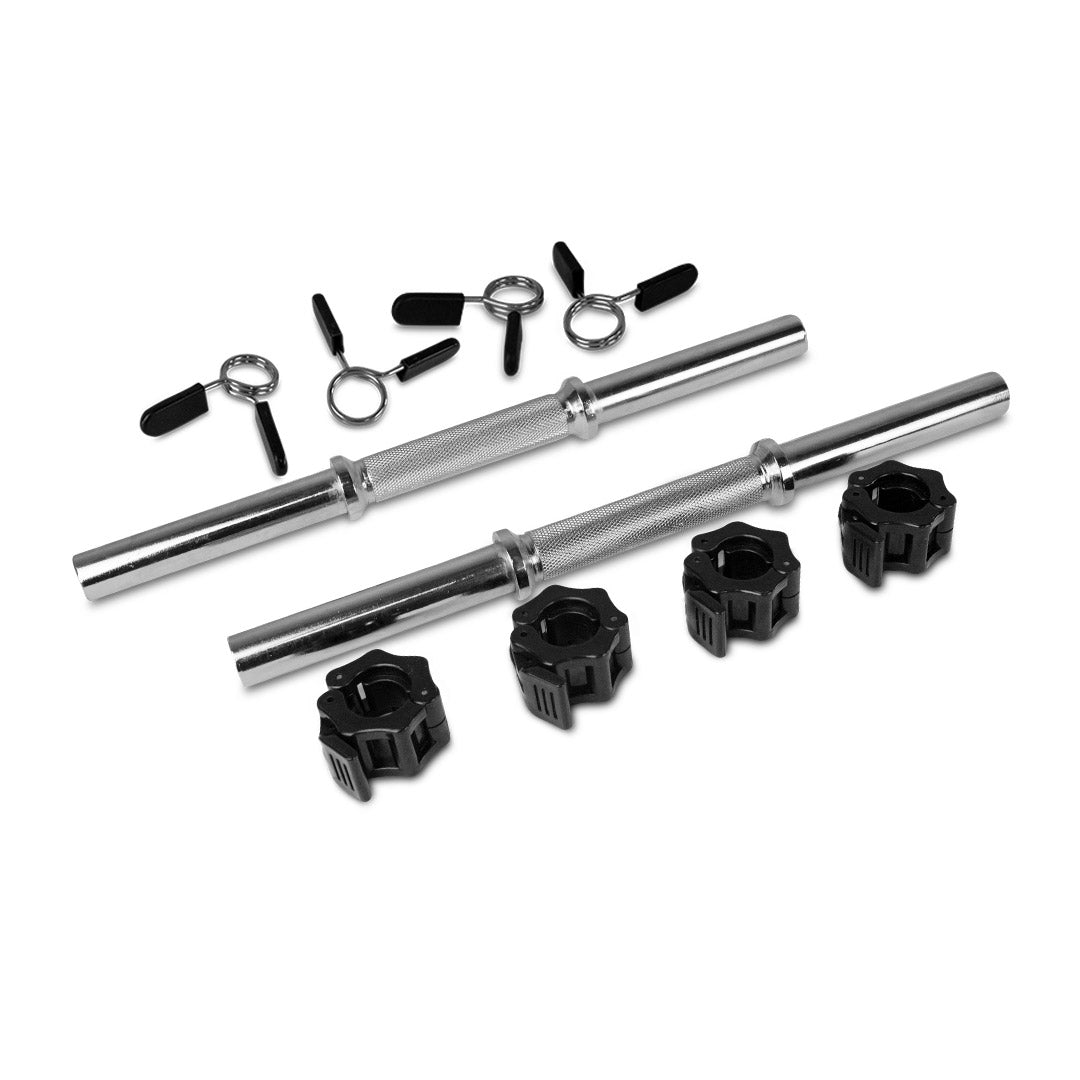 Standard 42cm dumbbell handles with quick release locks included in the Squat Rack with Lat Pulldown + 120kg Standard Weight Set package