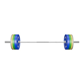 120kg Pro Olympic Barbell + Coloured Bumper Weight Set with Clips