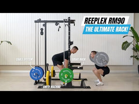 Reeplex RM90 Squat Rack with Smith Machine and Lat Pulldown + Adjustable Bench + 100kg Black Bumper Weight Set