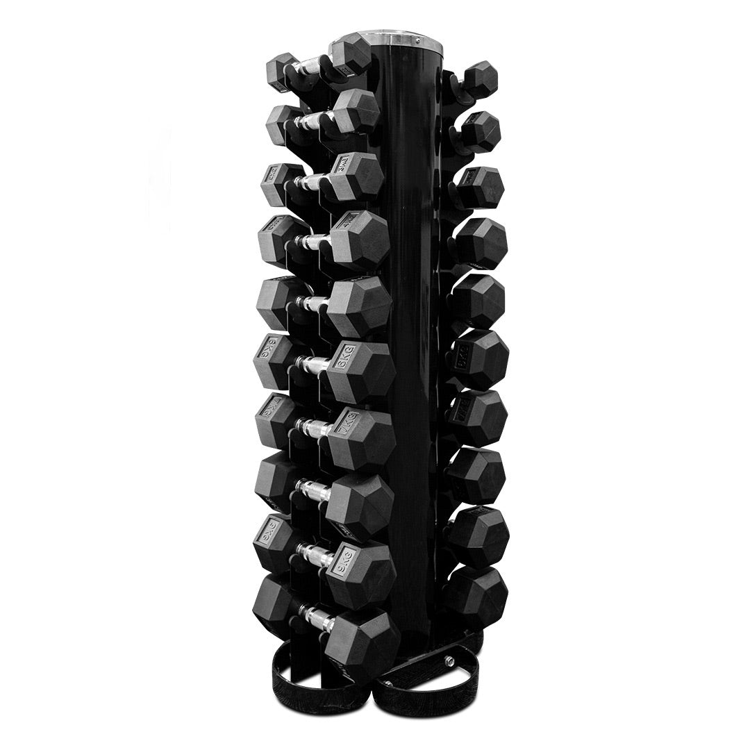 1-10 kg Rubber Hex Dumbbells + Dumbbell Rack - Dynamo Fitness