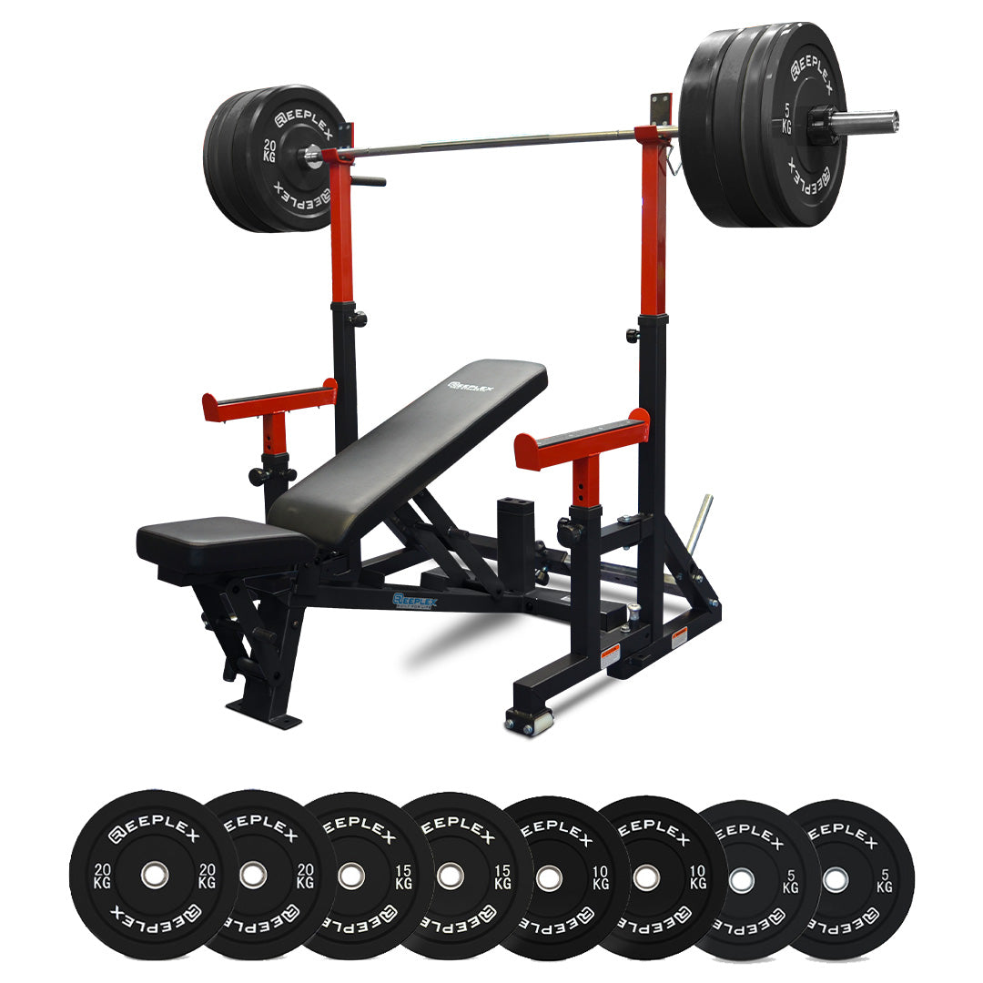 Reeplex SR10 Squat Rack + Adjustable Bench + 120kg Black Bumper Set