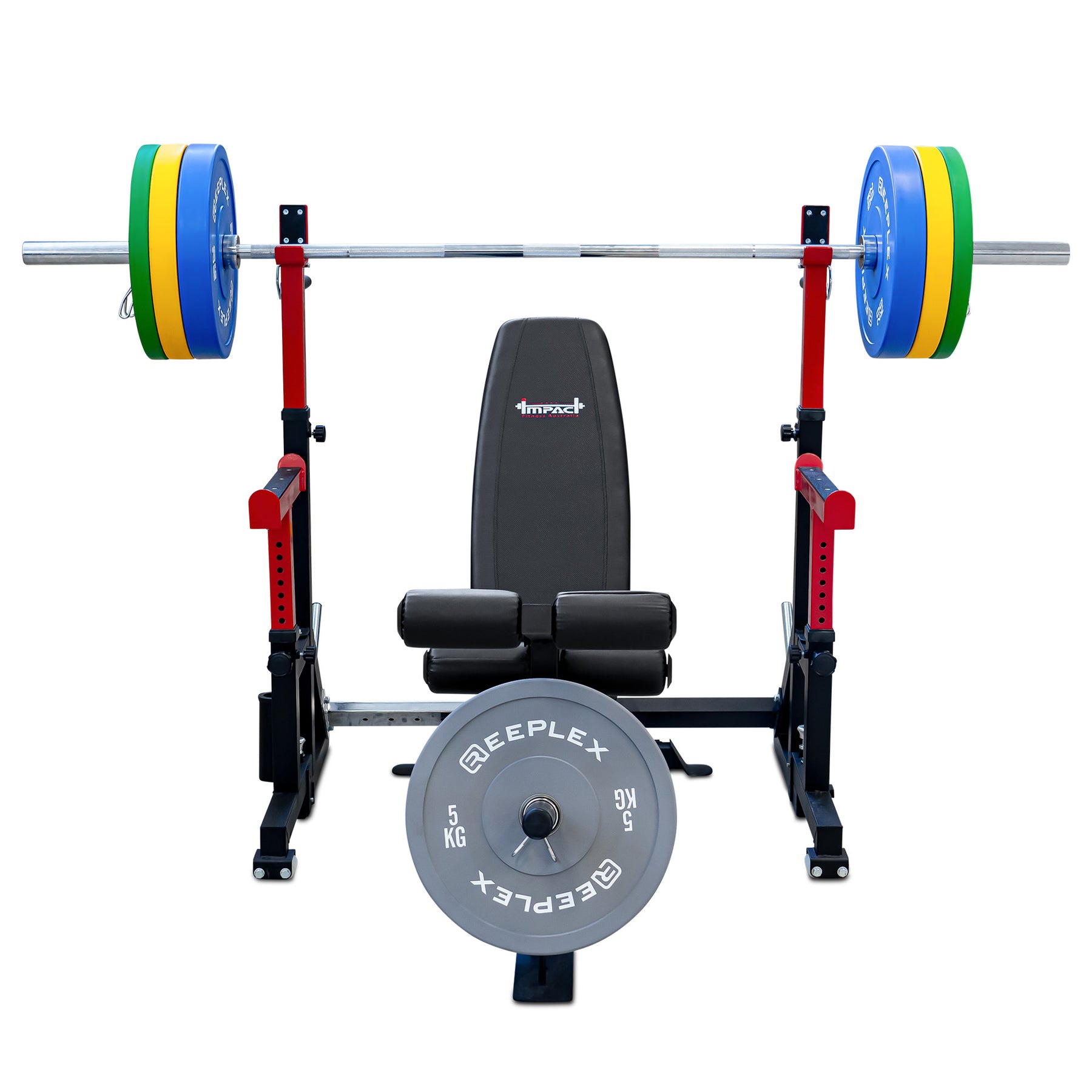 Reeplex SR10 Squat Rack + Adjustable Bench + 120kg Coloured Bumper Set