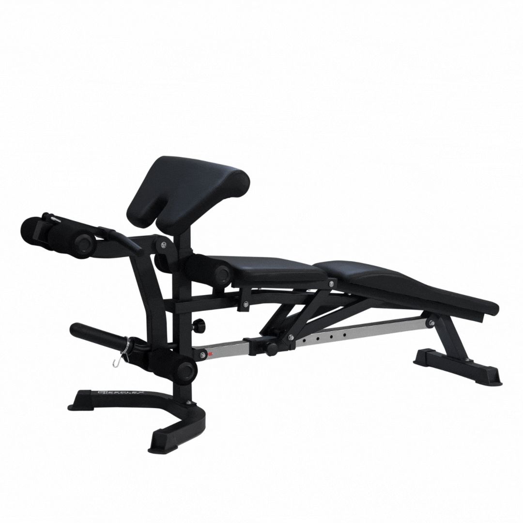 Reeplex CX3 Multi-station Gym + Adjustable Bench + 100kg Black Bumper Plates + Barbell + Leg Press + Jammer Arms