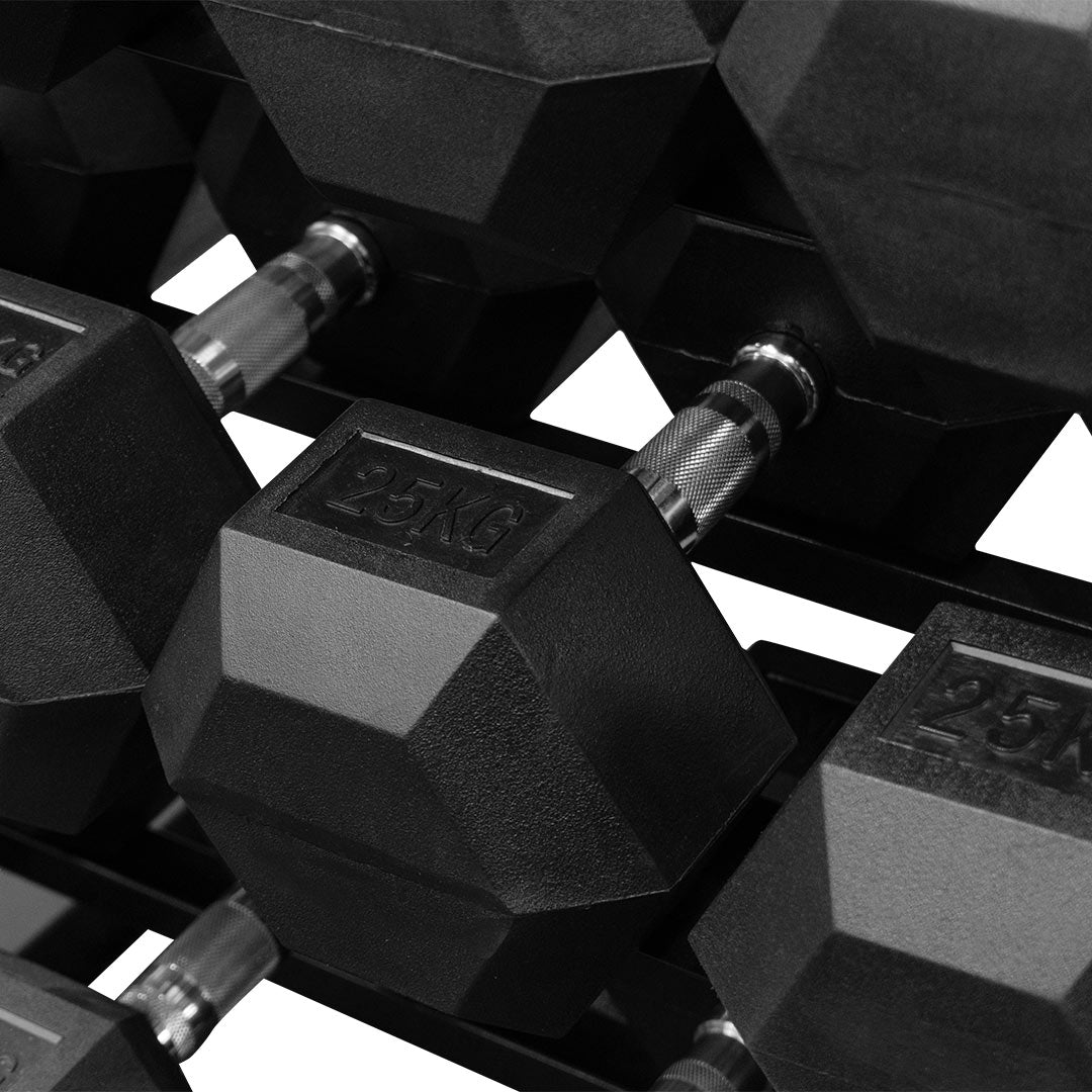 12.5kg - 30kg Rubber Hex Dumbbell Set + Rack | Dynamo Fitness Equipment