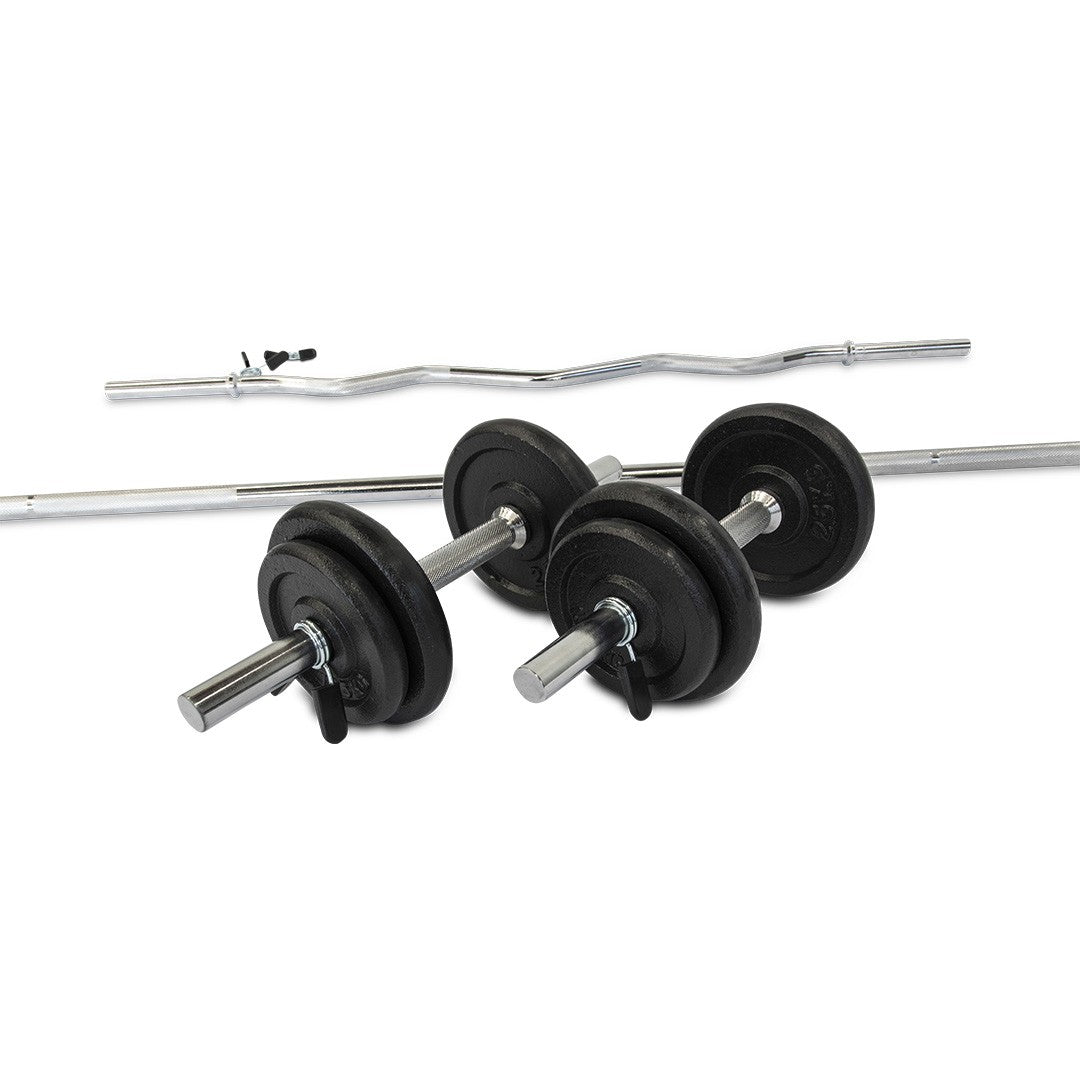 75kg Standard 7ft Barbell + Ez Curl Barbell + Dumbbell Set