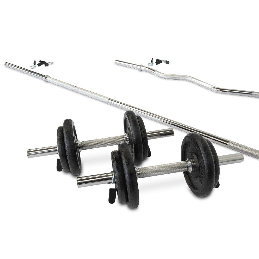 75kg Standard 7ft Barbell + Ez Curl Barbell + Dumbbell Set