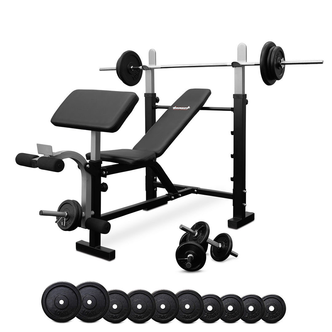 Impact BP5 Bench Press with Leg Extension + 55kg Standard Barbell Weight Set + Dumbbells