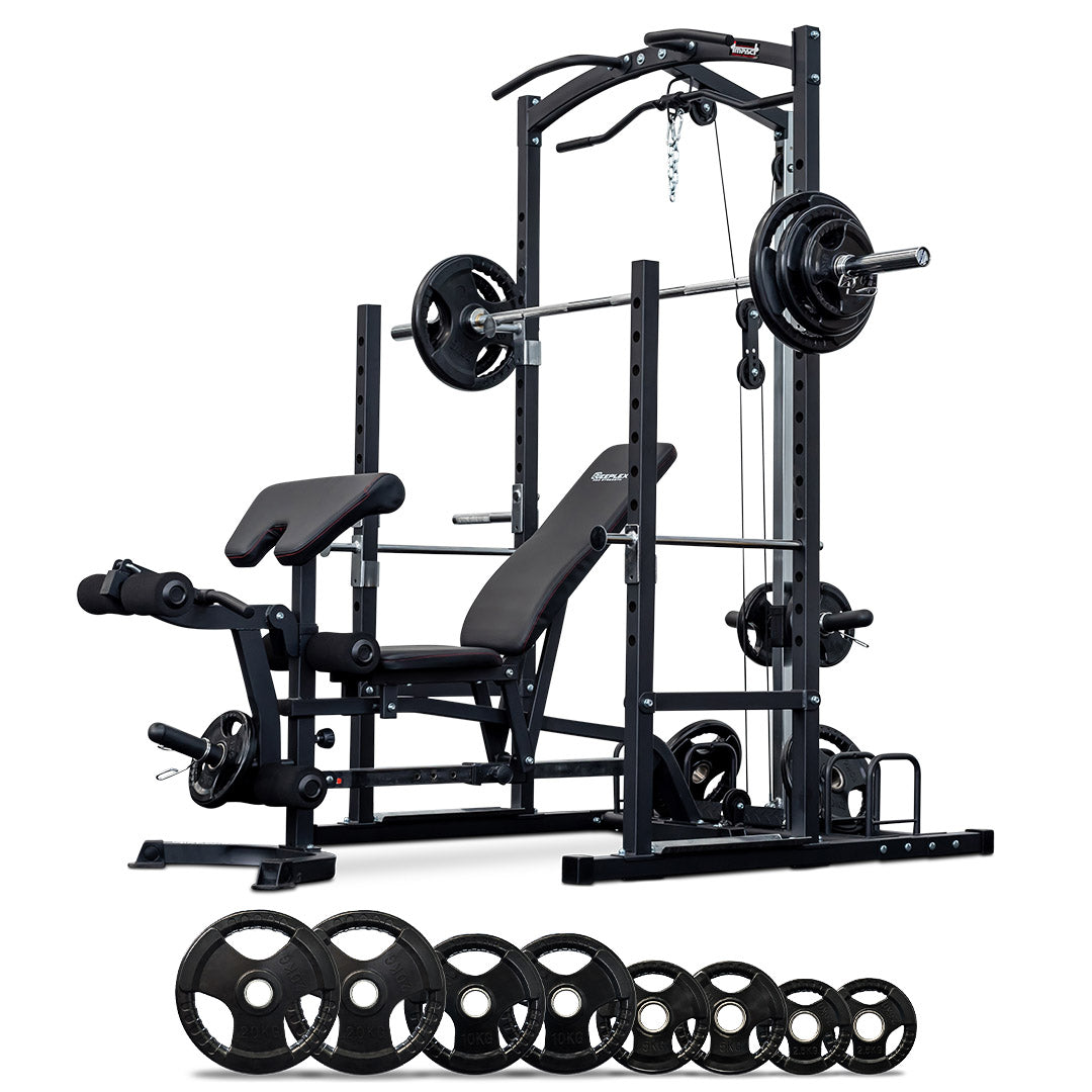 Power Rack with Lat Pulldown Olympic Barbell Set Dynamo Fitness