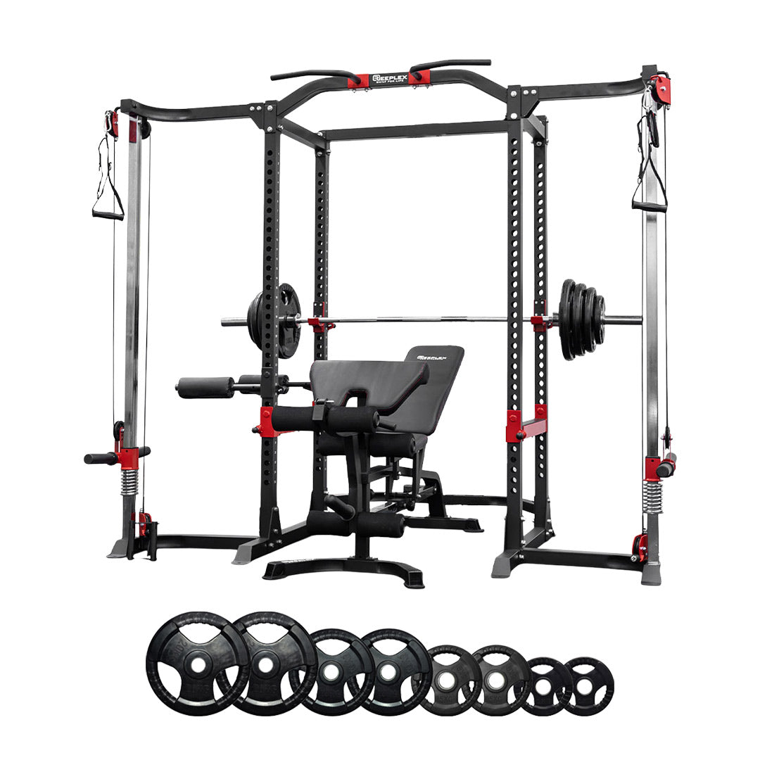 Reeplex Power Cage with Cable Crossover + Bench + 120kg Olympic Weight Set