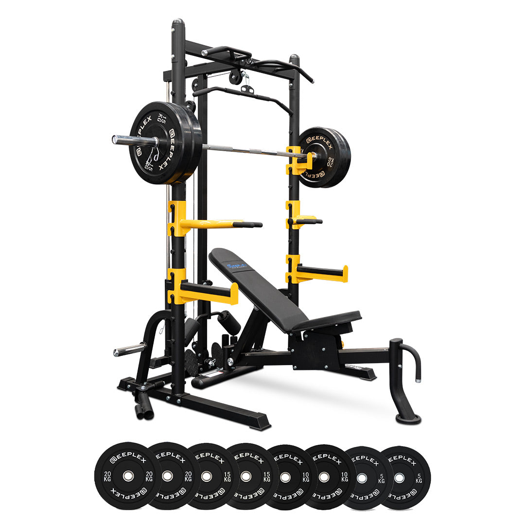 Reeplex RM70 Multi Station Squat Rack + Bench + 120kg Bumper Weight Set